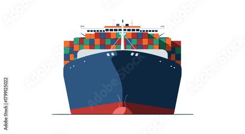 Front view of a large cargo ship loaded with colorful containers at sea.