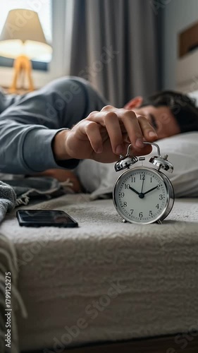 Man Wakes Up And Stops Alarm Clock In Bedroom Morning Light