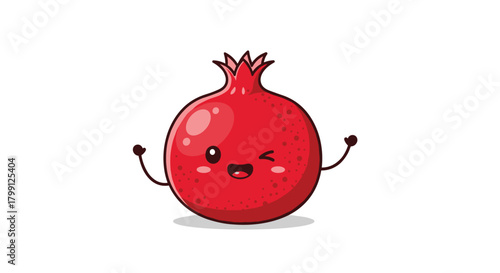 Cute cartoon pomegranate character winking with arms raised in a playful gesture on a white background.