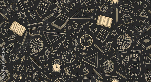 Seamless pattern of hand-drawn school and education icons on a dark background.