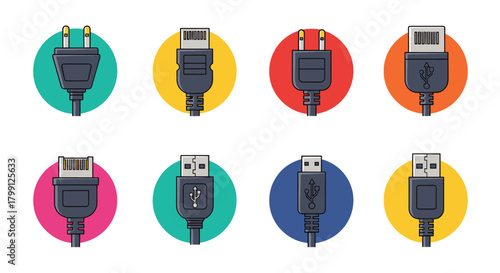 Set of illustrations of various electrical and USB connectors on colorful circular backgrounds.