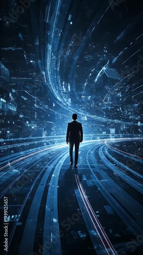 Man Walks Through Abstract Digital Blue Data Network Futuristic City