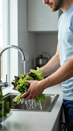 Man Washing Green Lettuce In Modern Kitchen Sink With Water Splashing