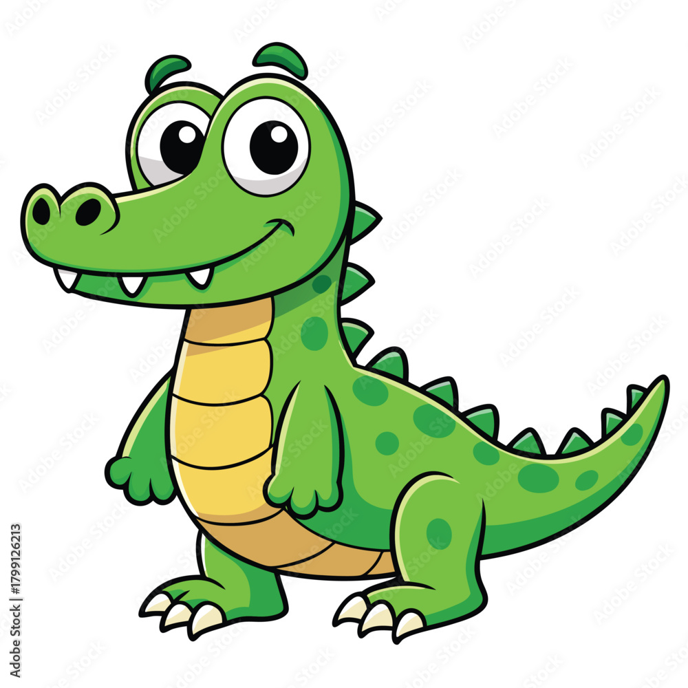 Obraz premium Cartoon Alligator Illustration, Green Reptile with Spotted Skin, Vector, Isolated