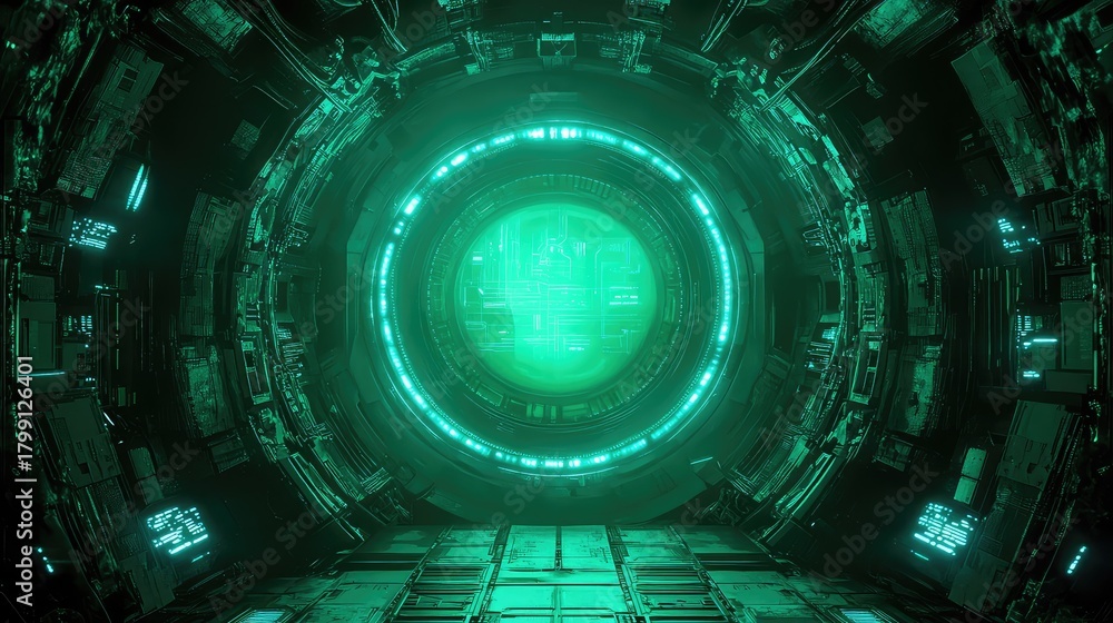 Fototapeta premium Futuristic portal opening in a green sci fi tunnel