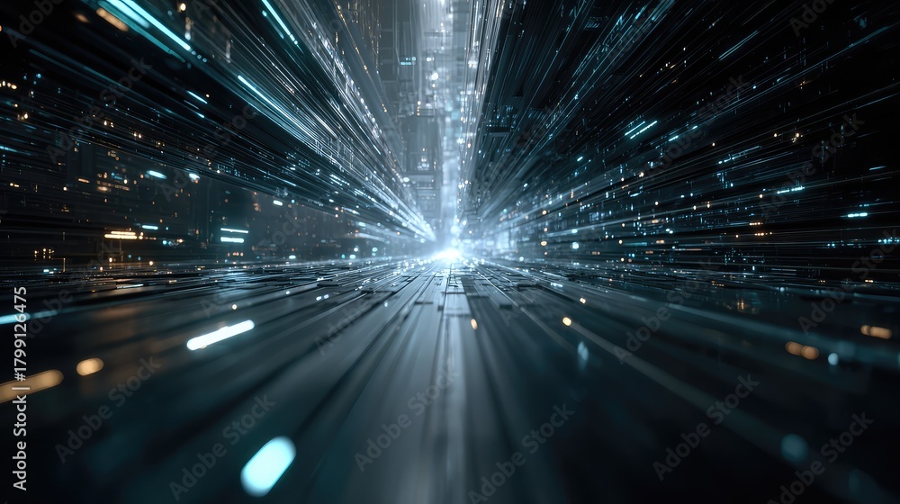 Fototapeta premium Digital information stream flowing through abstract data tunnel