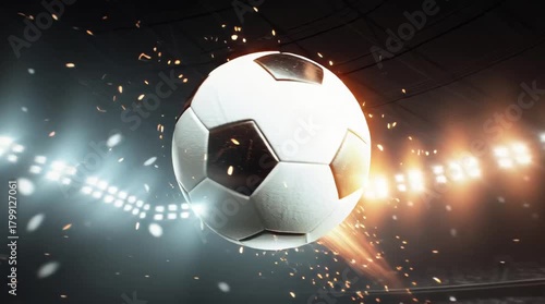 powerful soccer ball flying through stadium lights