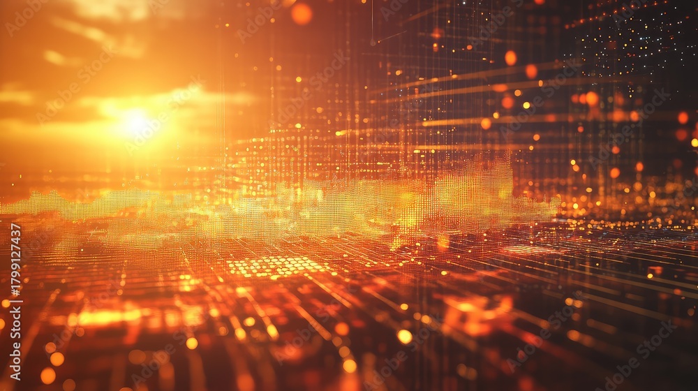 Fototapeta premium Global digital network illuminating data technology cityscape at sunset
