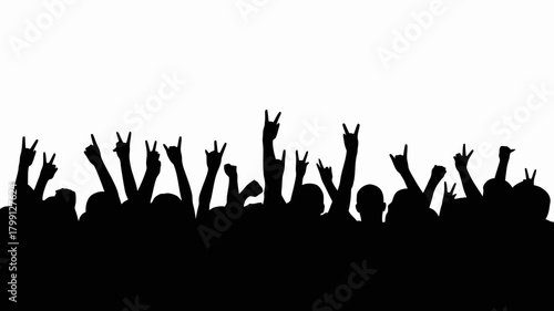 Dynamic silhouettes of an excited concert crowd with hands raised, showing rock and roll and peace gestures on a clear white background