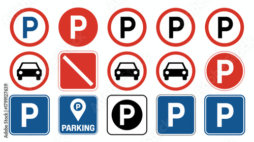 Collection of parking, no parking, and traffic regulation signs including car prohibition symbols for urban transport and driver guidance.