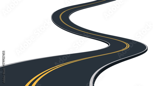A winding dark asphalt road with vibrant yellow double lines and white shoulder markings, symbolizing journey, progress, and future path.