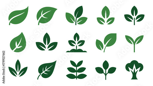Green leaf and plant icons collection. a set of vector symbols representing nature, growth, ecology, and botanical elements.