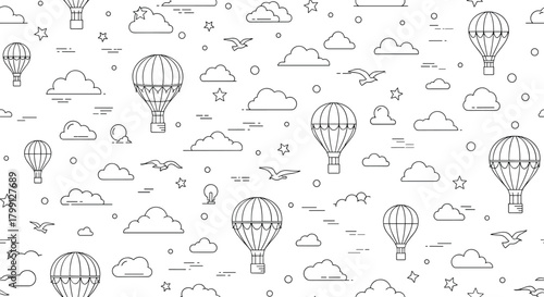 Seamless pattern of hot air balloons floating among clouds and stars.