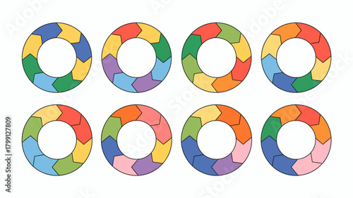 Eight vibrant circular arrow infographic diagrams representing continuous process flow or cycle steps on a clean white background