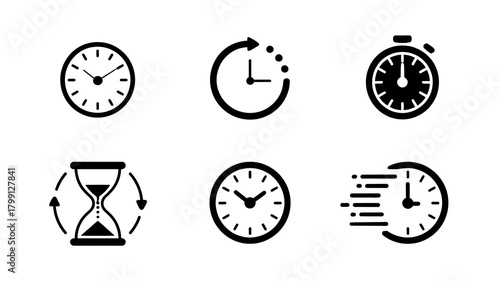 Time management icon set featuring clock, stopwatch, hourglass, time loop, and fast speed symbols for design needs.
