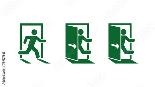 Green emergency exit signs with running person icon collection, safety symbols for quick evacuation and clear wayfinding.