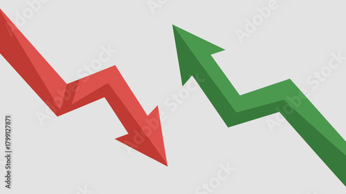 Red downward zigzag arrow and green upward zigzag arrow illustrating contrasting financial market trends, economic indicators, and business performance metrics.