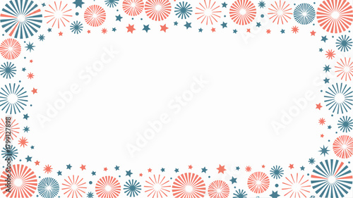 Festive firework and star pattern border in patriotic red and teal colors, creating a vibrant frame for text
