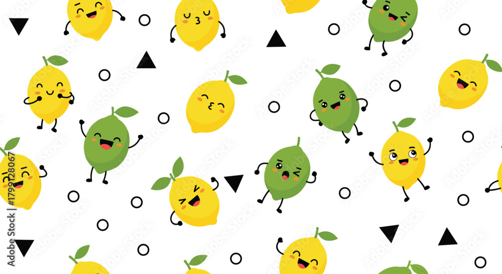 Obraz premium Seamless pattern with happy and energetic cartoon lemons and limes dancing and smiling.