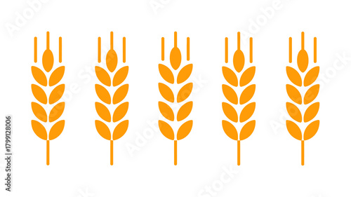 Five vibrant golden orange wheat ears presented in a clean, minimalist graphic style on a pure white background, ideal for food concepts.