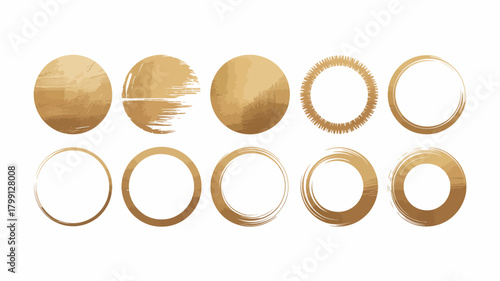 Distressed gold circles and frames set. luxury abstract golden brush stroke design elements. round textured metallic shapes.
