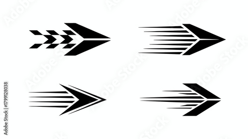 Dynamic abstract speed arrows collection, modern graphic design elements symbolizing rapid movement, progress, and forward direction.