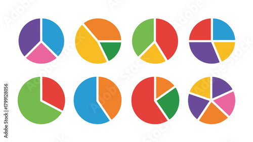Colorful pie chart collection: eight vibrant data visualization icons for business, finance, and marketing presentations