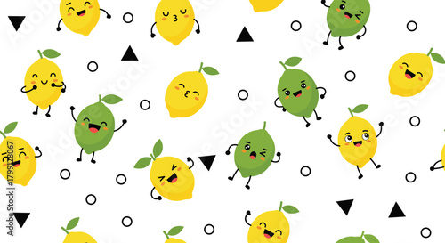 Seamless pattern with happy and energetic cartoon lemons and limes dancing and smiling.