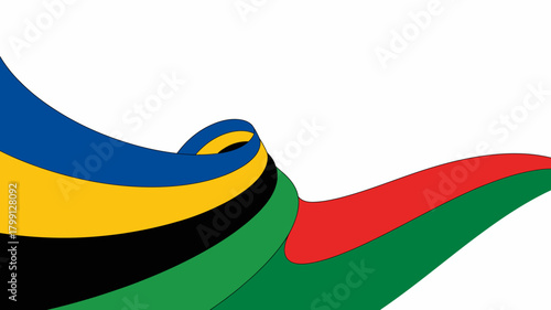 Dynamic abstract flowing ribbon design featuring vibrant blue, yellow, black, green, and red colors, symbolizing unity and movement.