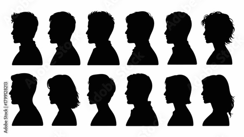 Diverse collection of human head silhouettes in profile, featuring various hairstyles for men and women on a white background.