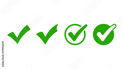 Green checkmark icon set for success, approval, validation, and completion. vector graphic with various styles on white background.