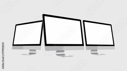 Three modern desktop computer monitors with blank white screens side by side, perfect for website or application ui mockup presentation.