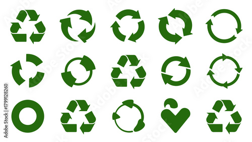 Green recycling and circular arrow symbols collection for environmental protection, sustainability, and waste reduction.