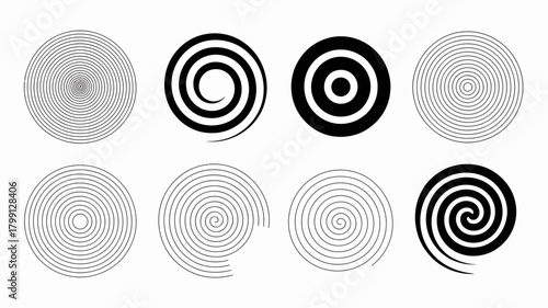 Collection of diverse black and white spiral and concentric circle patterns, abstract optical illusion design elements