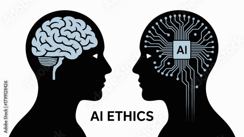 Ai ethics: human intelligence and artificial intelligence depicted side-by-side, symbolizing profound moral considerations.