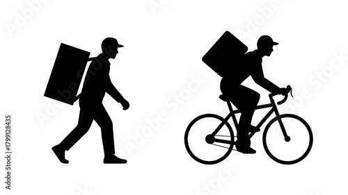 Delivery worker walking and cycling with a package, demonstrating fast, efficient, and eco-friendly courier services.