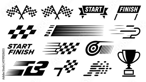 Dynamic racing and competition icon set featuring checkered flags, start/finish lines, speed elements, and winner's trophy