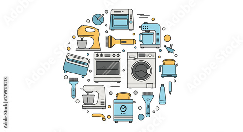 Circle of colorful kitchen and home appliances and tools, flat design.