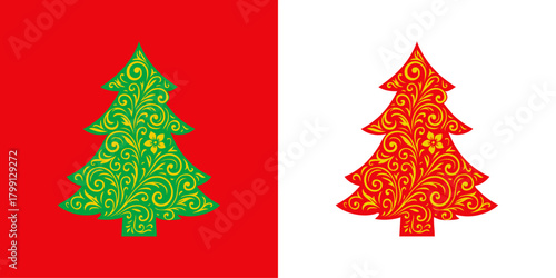 Logo con árbol de navidad con hojas con líneas y volutas para tarjetas y felicitaciones de Navidad