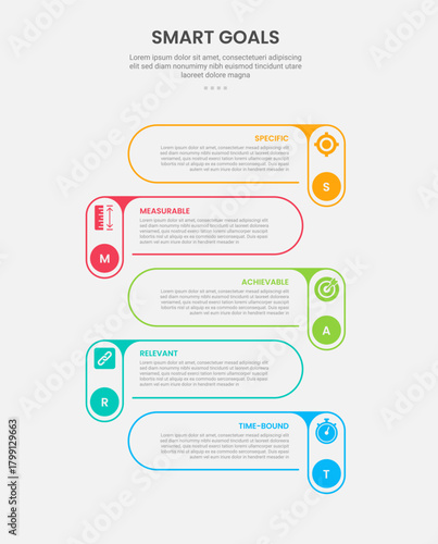SMART goals infographic outline style with 5 point template with round rectangle on vertical direction with opposite position for slide presentation