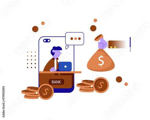 Illustration of online banking with a banker on a mobile screen receiving a money bag, symbolizing digital transactions, savings, and secure financial services.
