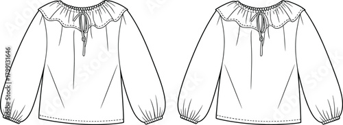 PrintTechnical flat sketch of women's ruffle blouse front and back view, long sleeve peasant top with drawstring neckline fashion design template
