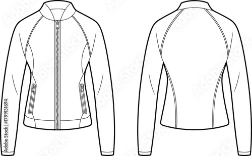 PrintTechnical flat sketch of women's zip-up jacket front and back view, fashion design template, sporty style outerwear illustration, garment outline vector