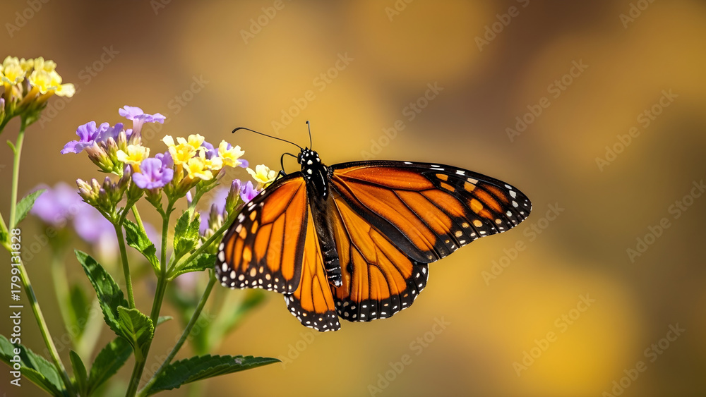 Naklejka premium Beautiful monarch butterfly perched on a delicate cluster of purple and yellow flowers, showcasing intricate wing patterns against a soft, blurred golden background
