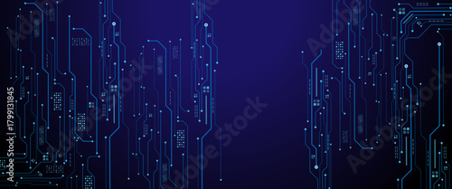 Abstract technology blue circuit board texture or pattern. Circuit board frame with an empty place in the centre on a technology blue background.