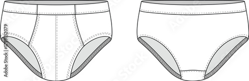 PrintVector illustration of classic men’s briefs front and back view, underwear fashion flat sketch, clothing design template, seamless garment outline
