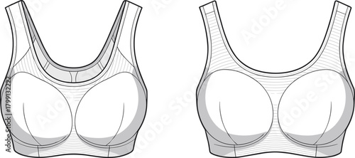 PrintVector illustration of women’s sports bra front and back view, activewear top design, fashion flat sketch, fitness apparel template