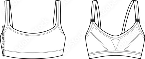 PrintVector technical flat sketch of women’s sports bra front and back view, adjustable straps design, fitness apparel, activewear fashion template