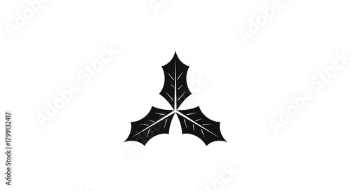 A minimalist black and white graphic of three holly leaves arranged in a symmetrical pattern.