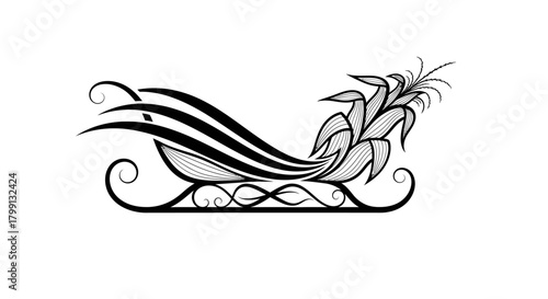 An elegant black and white illustration of a stylized sleigh with ornate swirling designs and a plume of leaves or feathers at the back.
